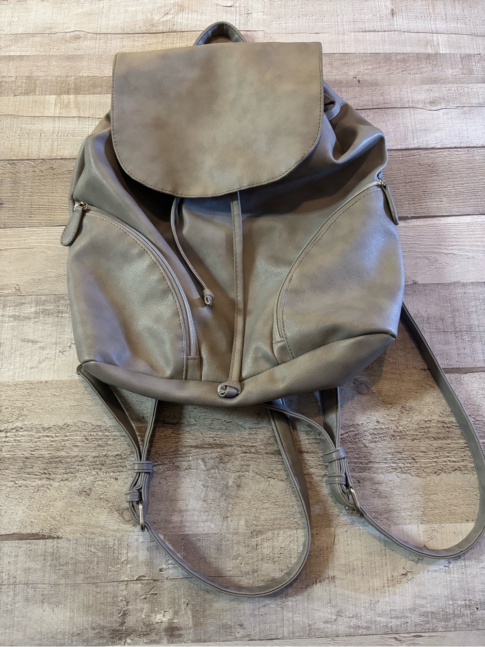 Taupe Leatherette Drawstring Backpack - Women's Casual Backpack